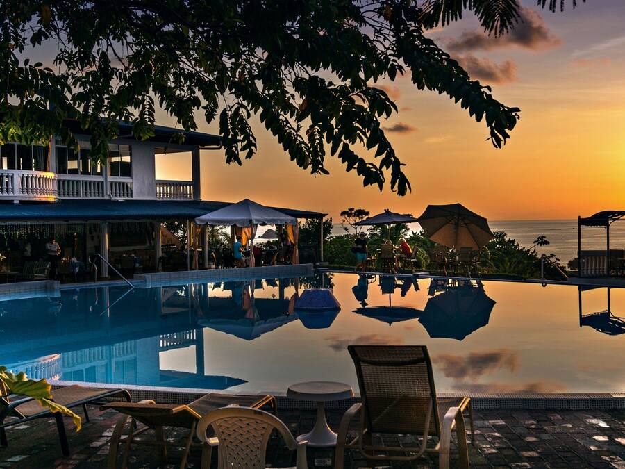 Outdoor pool, pool umbrellas, pool loungers