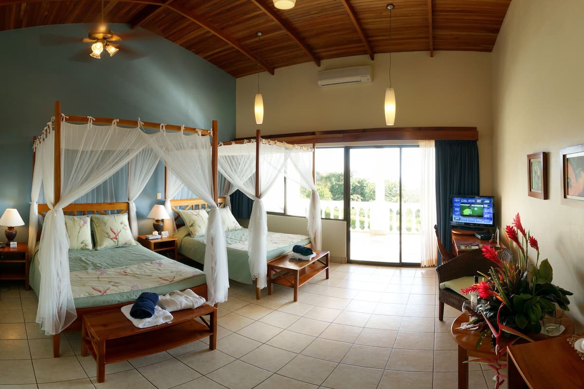 Une chambre spacieuse dotée d’un lit à baldaquin, d’une télévision et d’un balcon avec vue.