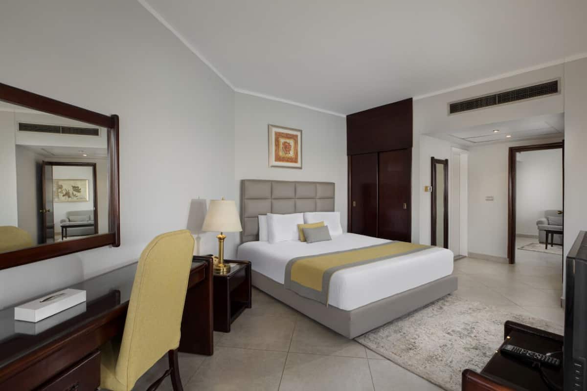 Habitación de hotel con una cama grande, una mesita de noche con lámpara, una silla, un escritorio con computadora, televisión y armario.