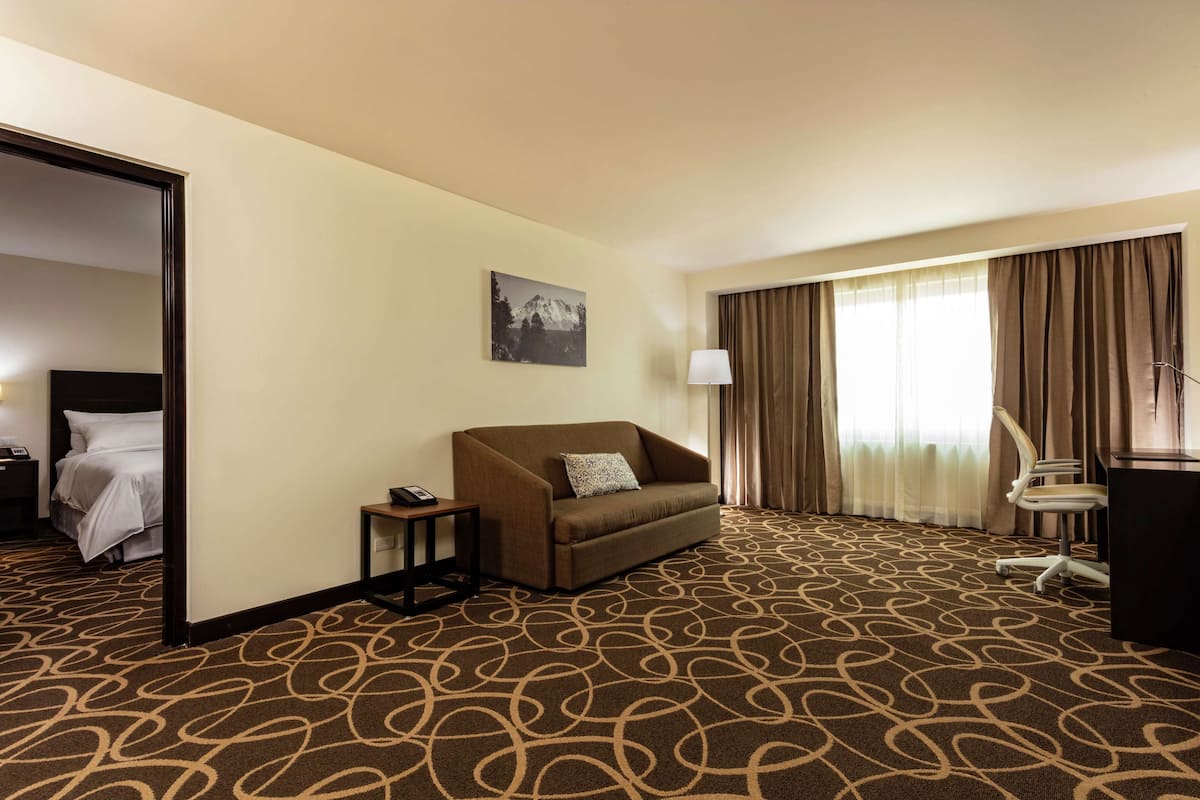 Suite, 1 letto king | Biancheria in cotone egiziano, una cassaforte in camera, una scrivania