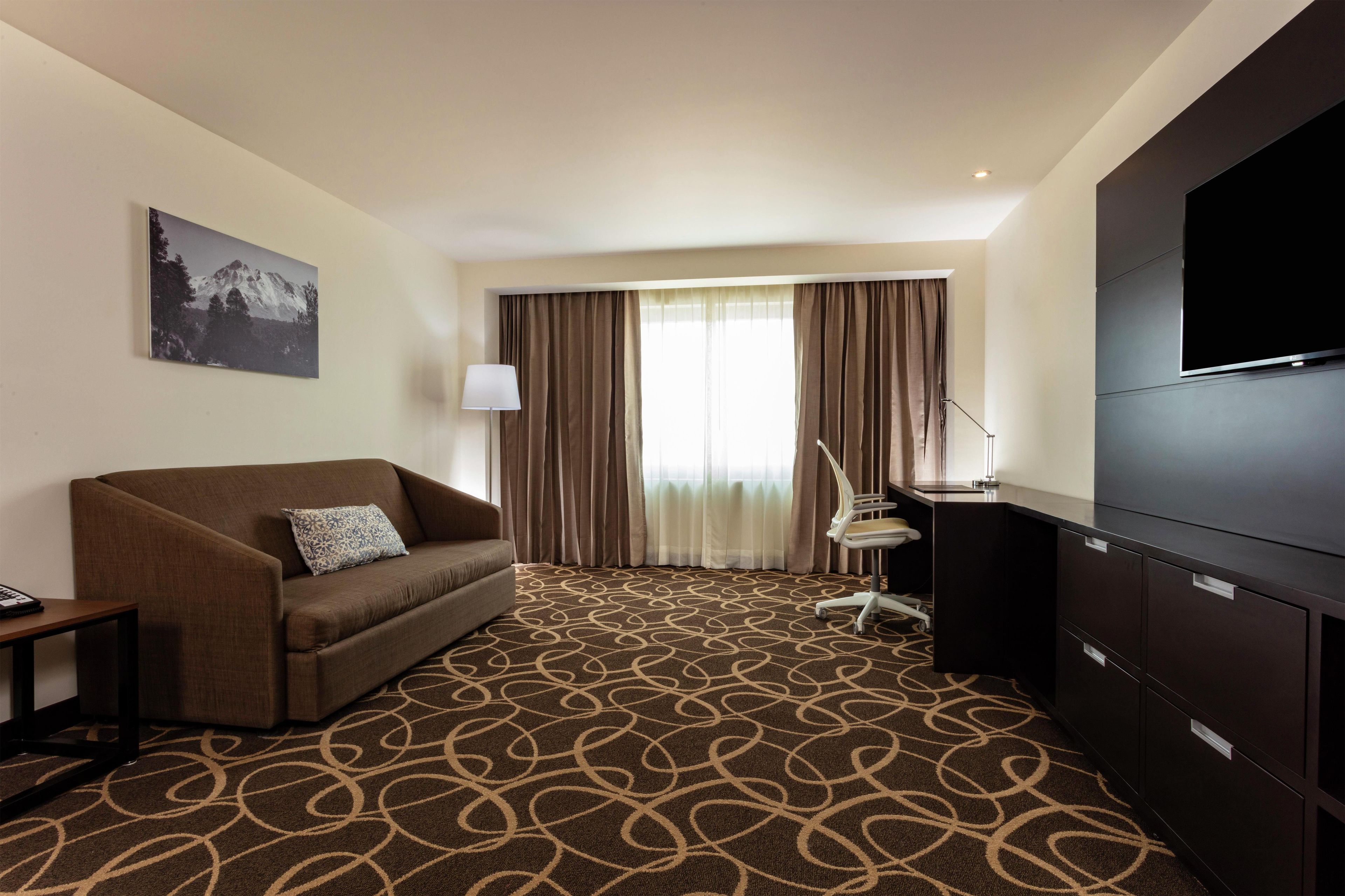 Habitación de hotel con sofá, escritorio, televisor y alfombra estampada.