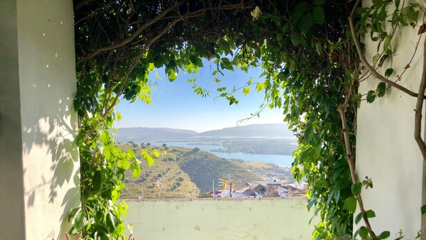 A balcony with potted plants and a view of a lake and hills. - La Casa de Bovedas (Arcos de la Frontera)
