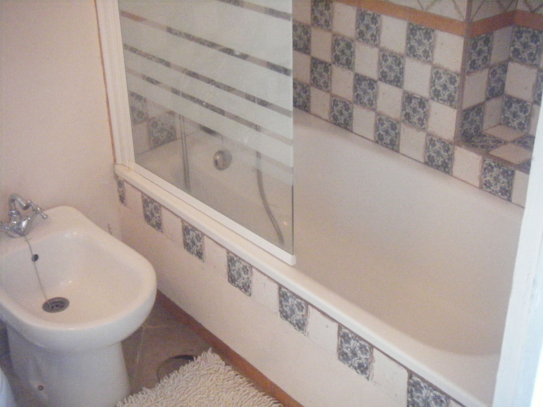 Une salle de bain équipée d’un bidet, d’une douche et d’un mur carrelé.