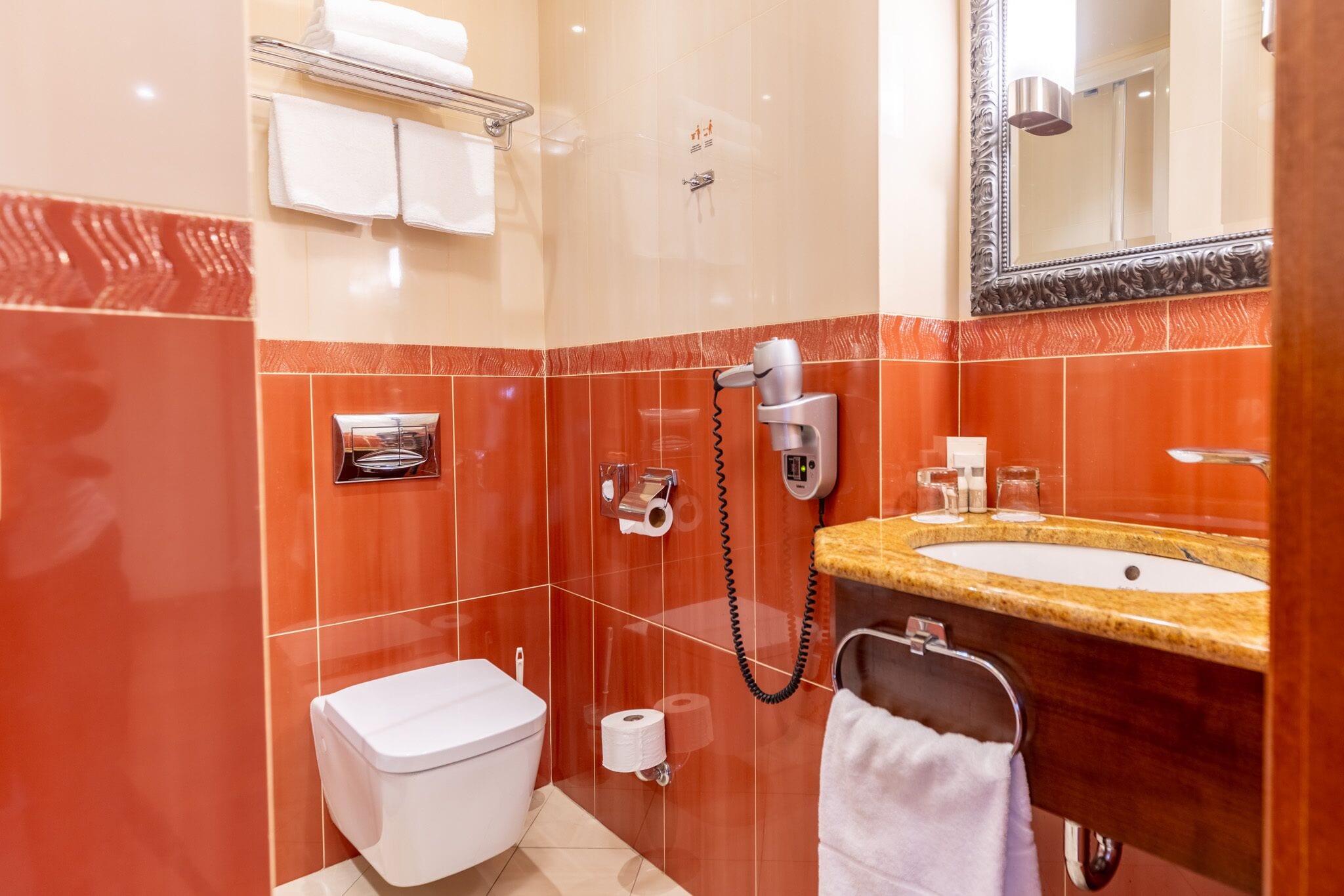 A bathroom with a toilet, a sink, a mirror, and a shower.