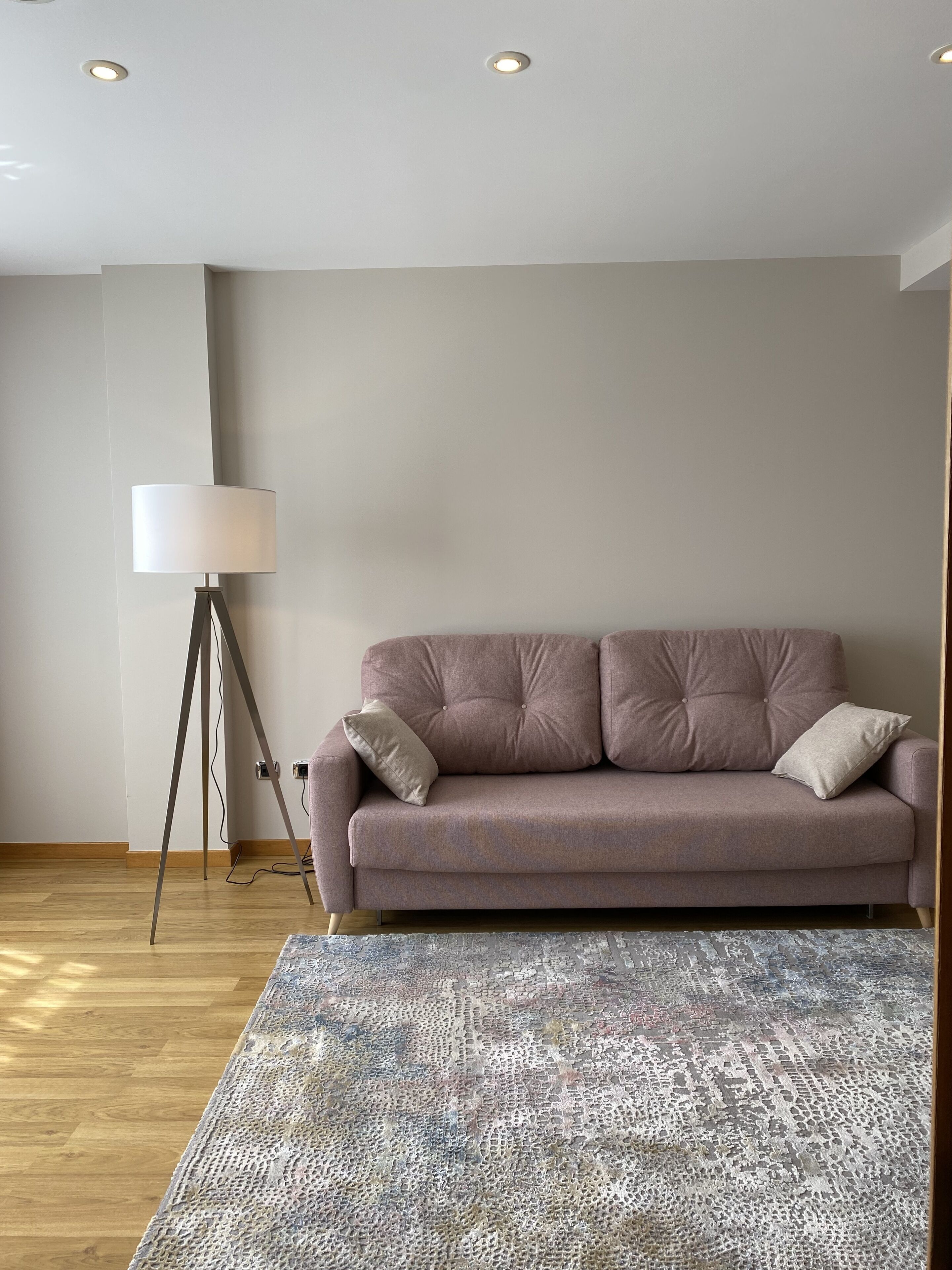 Uma sala de estar moderna com um sofá cinzento, um candeeiro de chão e um tapete estampado.