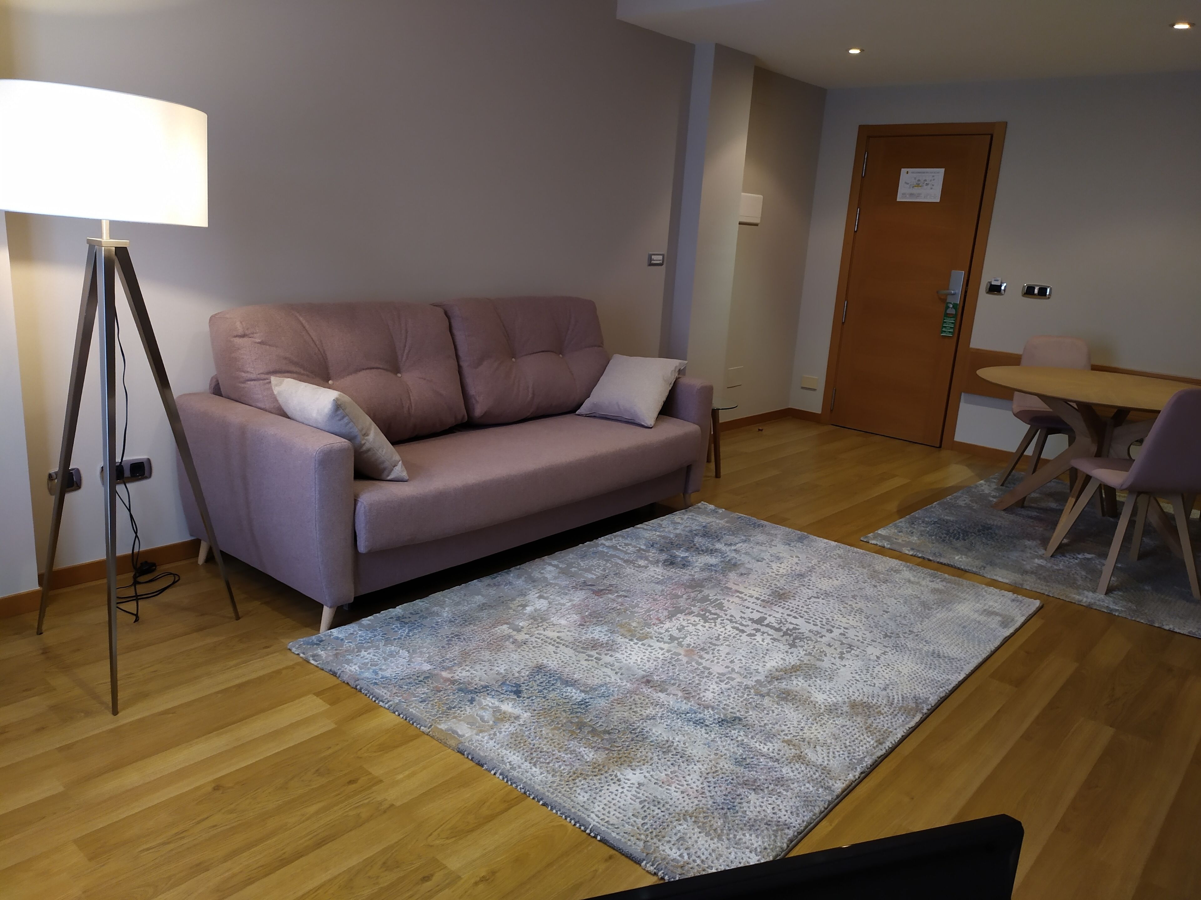 A modern living room with a sofa, a standing lamp, a rug, a small table, and chairs.