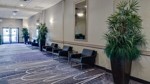 A hotel lobby with a long reception desk, several seating areas, and large potted plants.