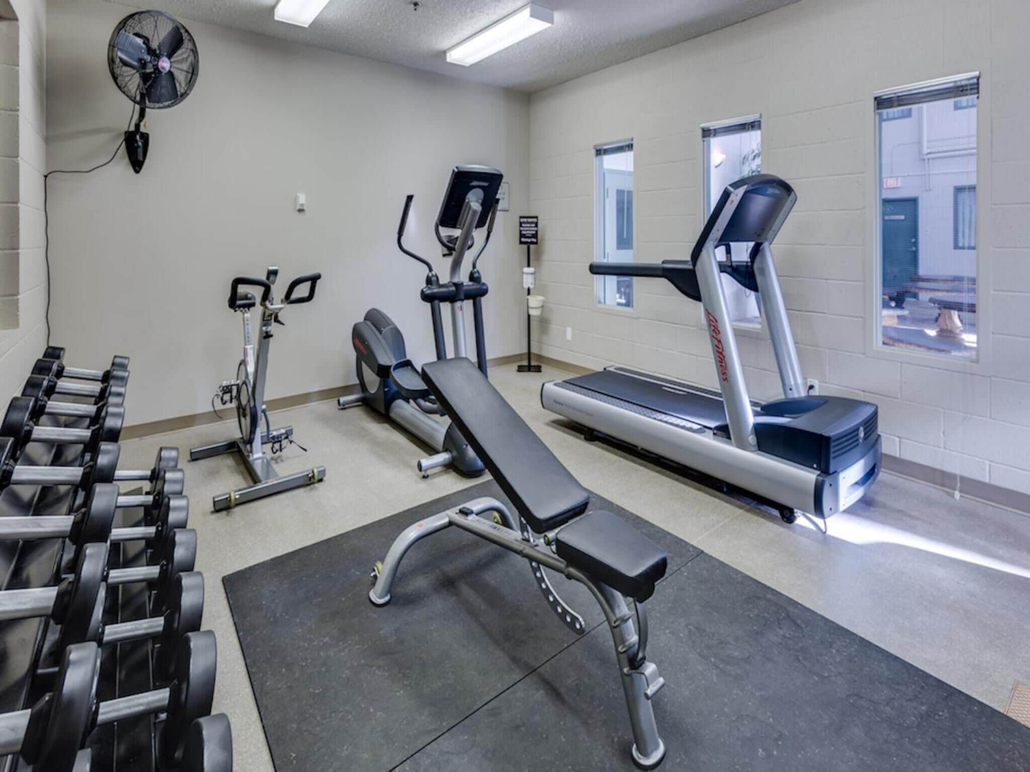 A gym with various exercise equipment including dumbbells, a bench press, a treadmill, and an elliptical machine.