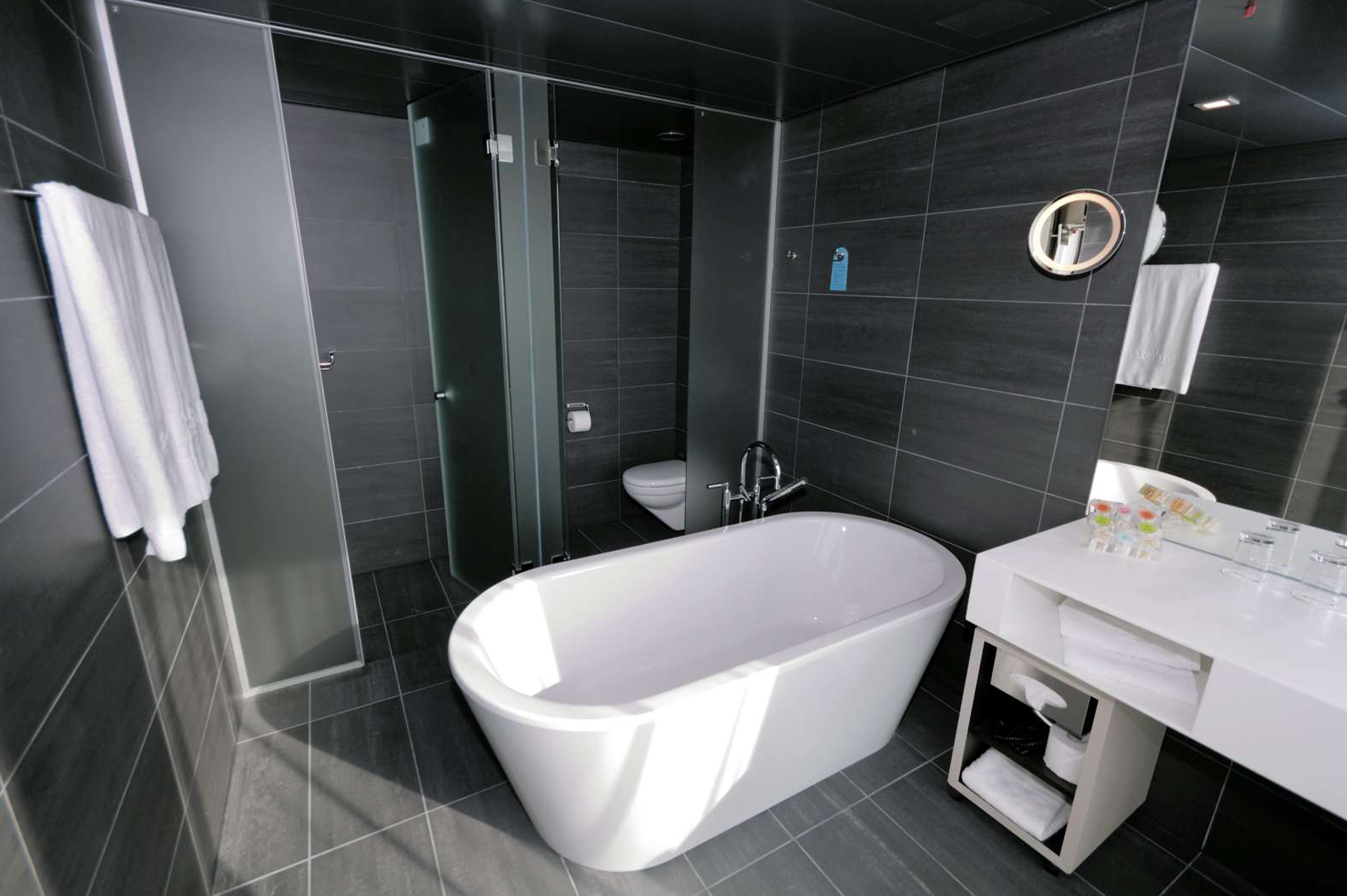 A modern bathroom with a freestanding bathtub, a glass-enclosed shower, and a white vanity with a mirror.