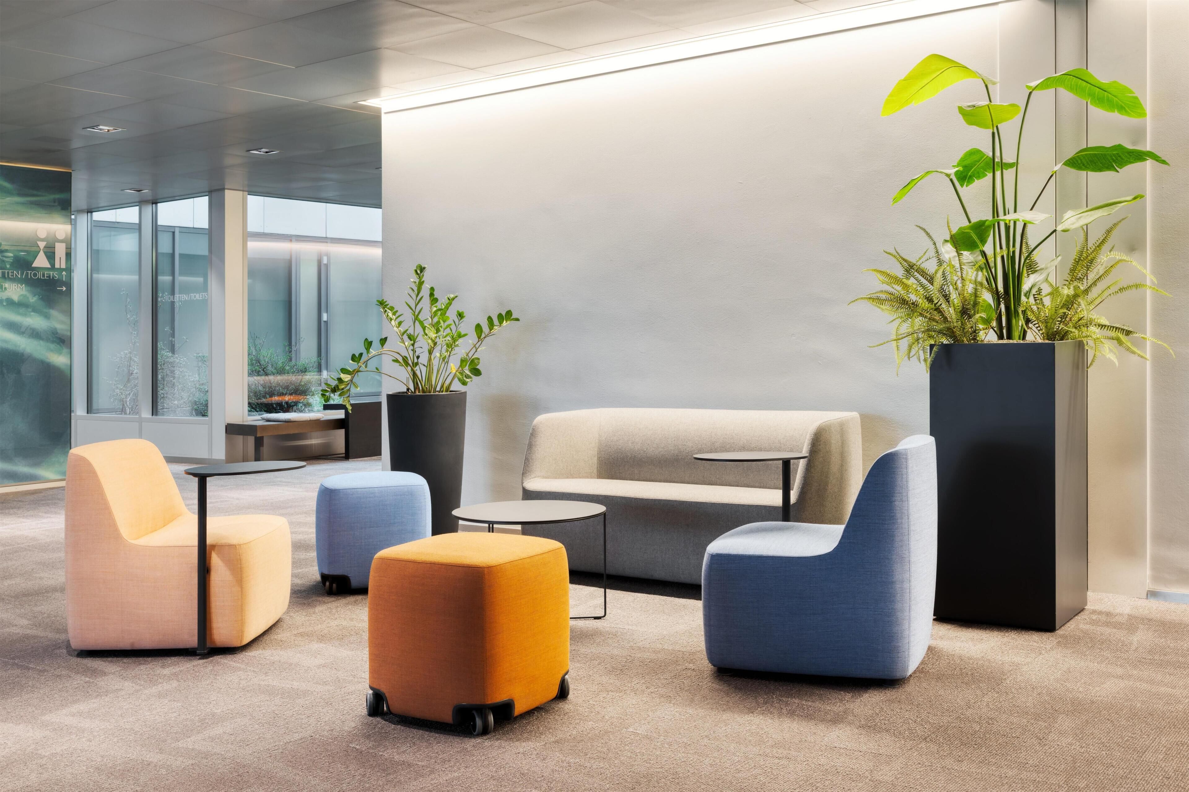 A modern lounge area with seating, a coffee table, and potted plants.