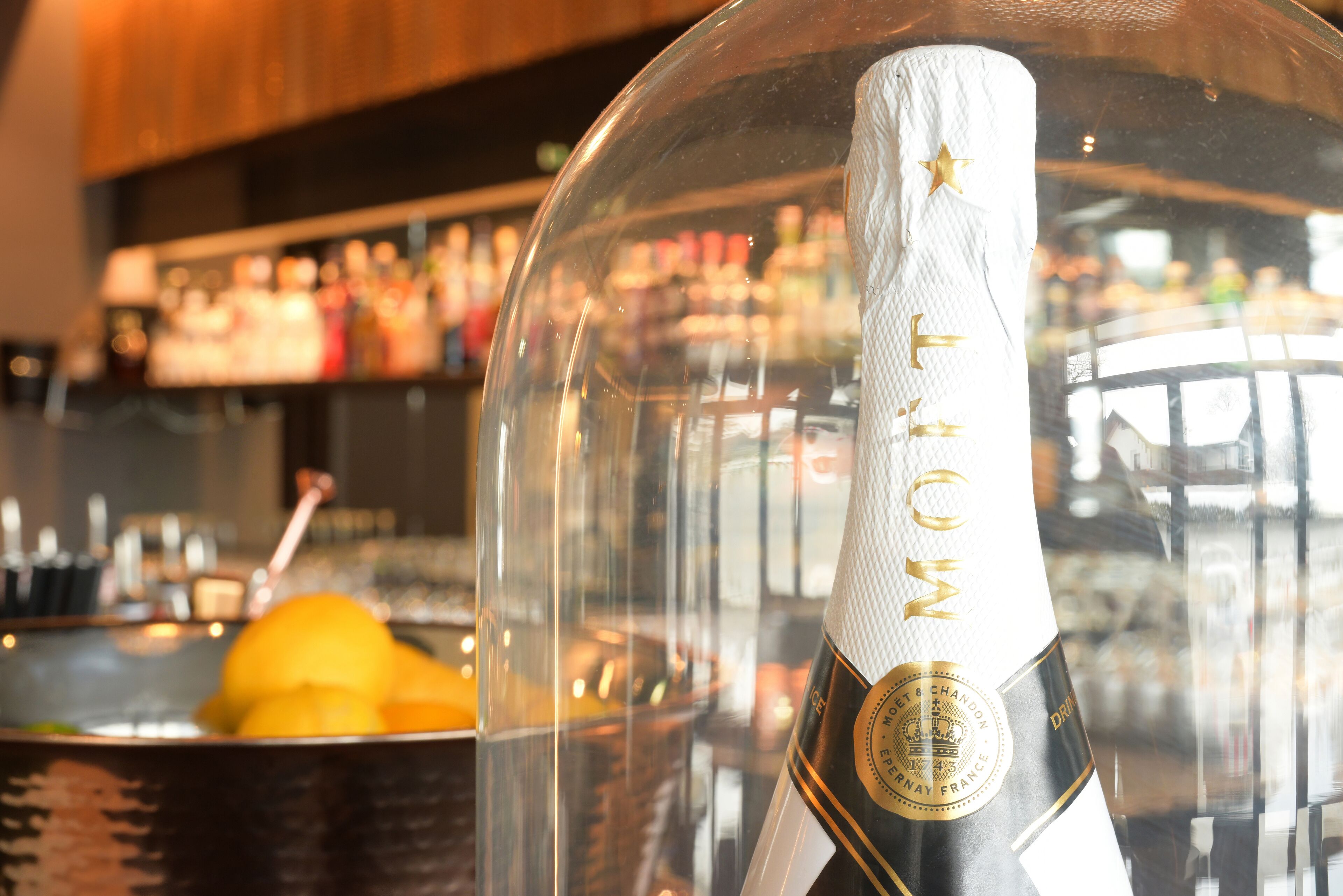 A bottle of Moët & Chandon champagne under a dome, with a bar and bottles in the background.