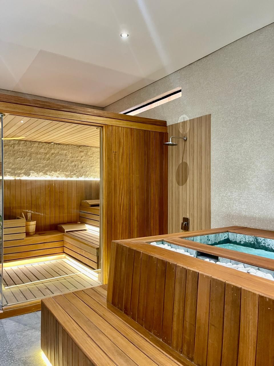Een moderne sauna met houten banken en een whirlpool.