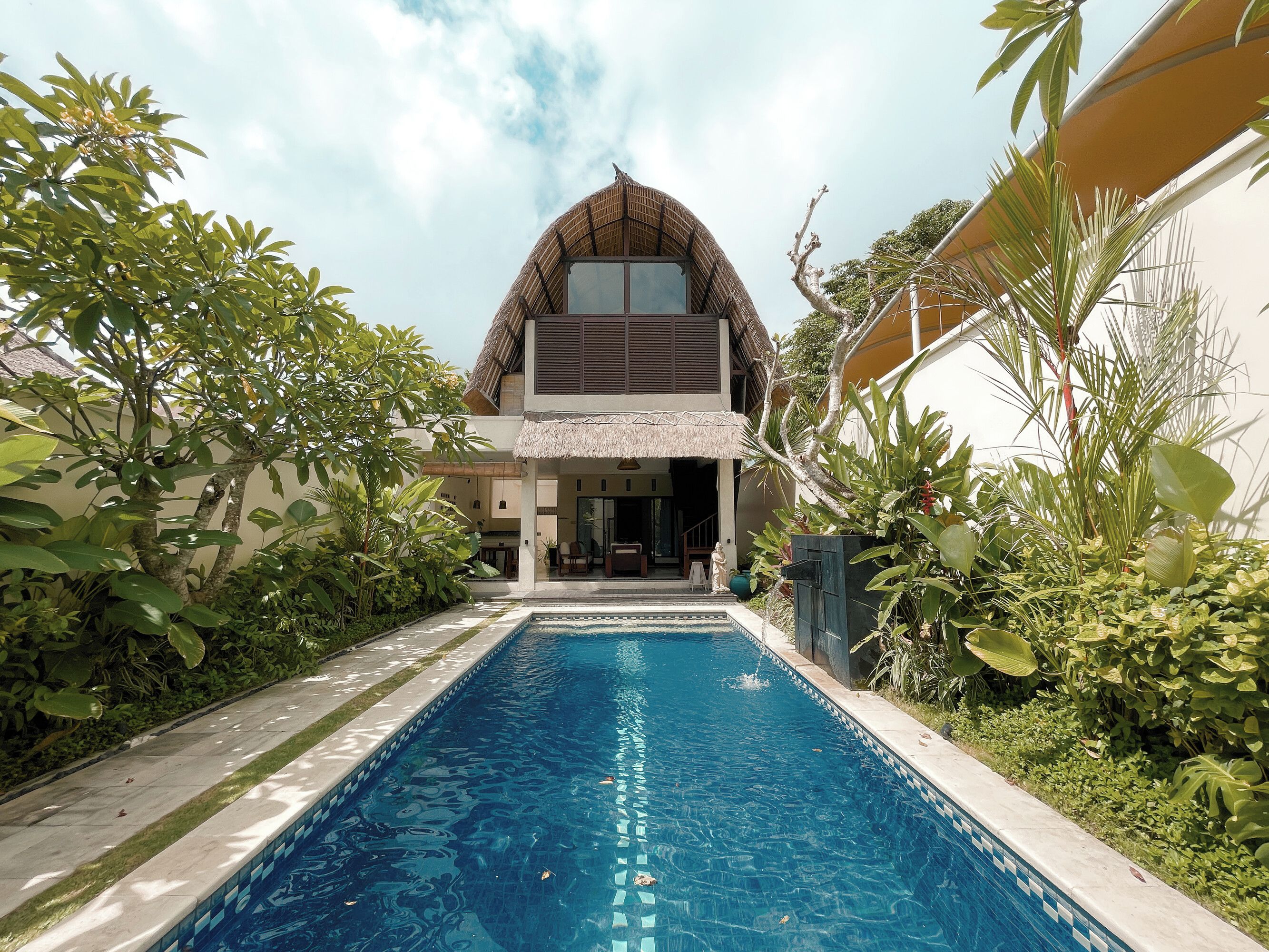 A modern house with a swimming pool surrounded by lush greenery.