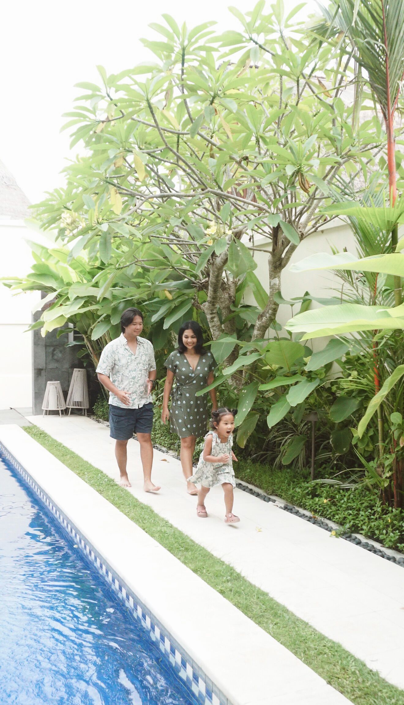 A swimming pool with a tiled edge, surrounded by lush greenery and a white wall.