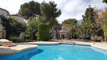 A swimming pool with a geometric tile pattern, surrounded by trees and a building with a tiled roof.