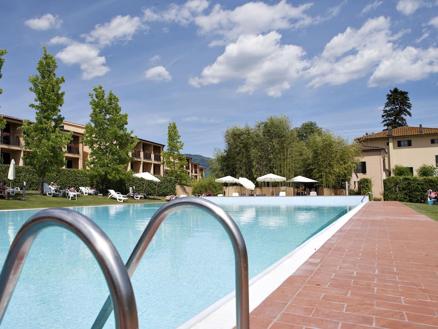 Outdoor pool, pool umbrellas, pool loungers
