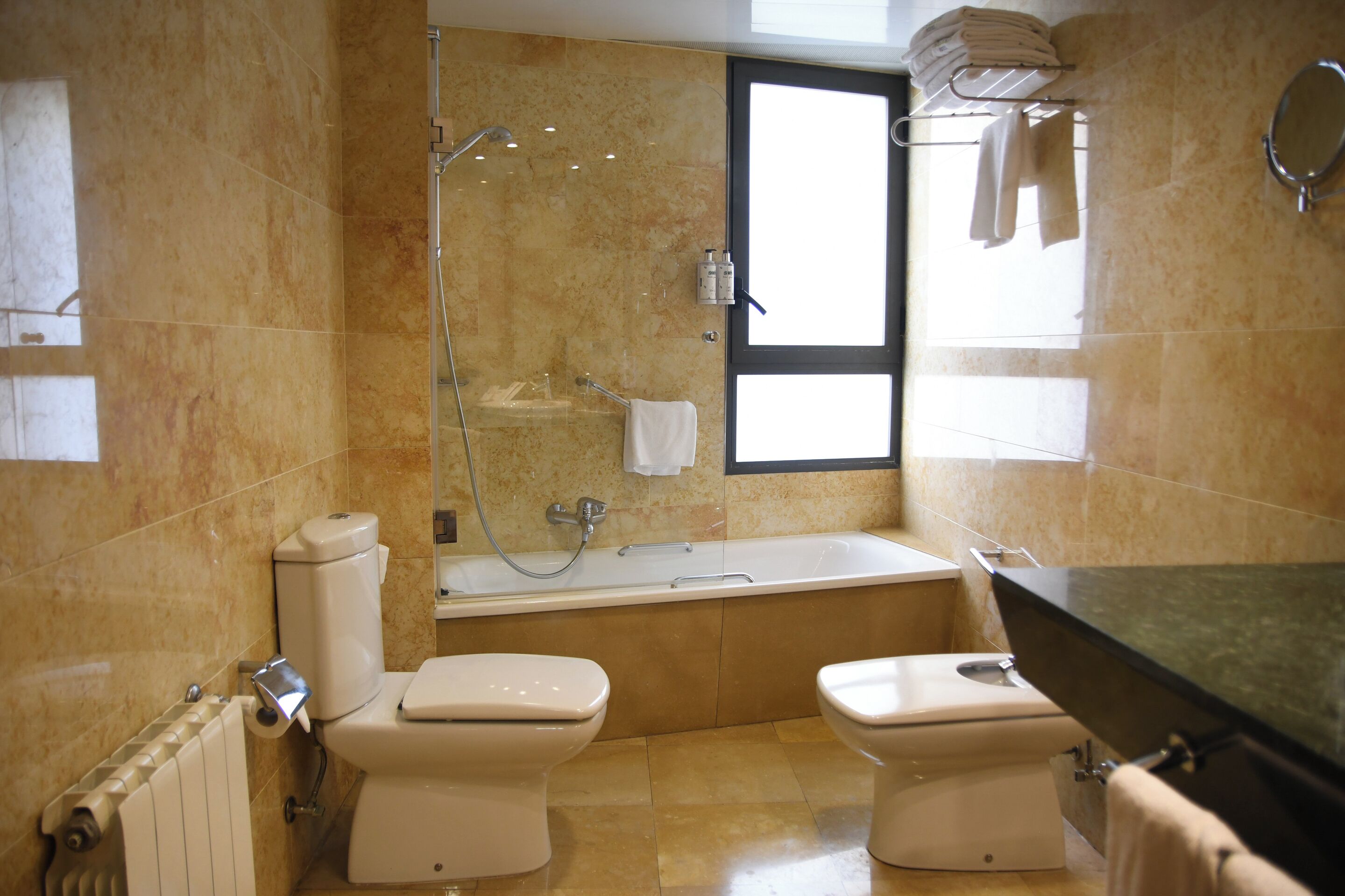 bathtub, free toiletries, hair dryer, bidet