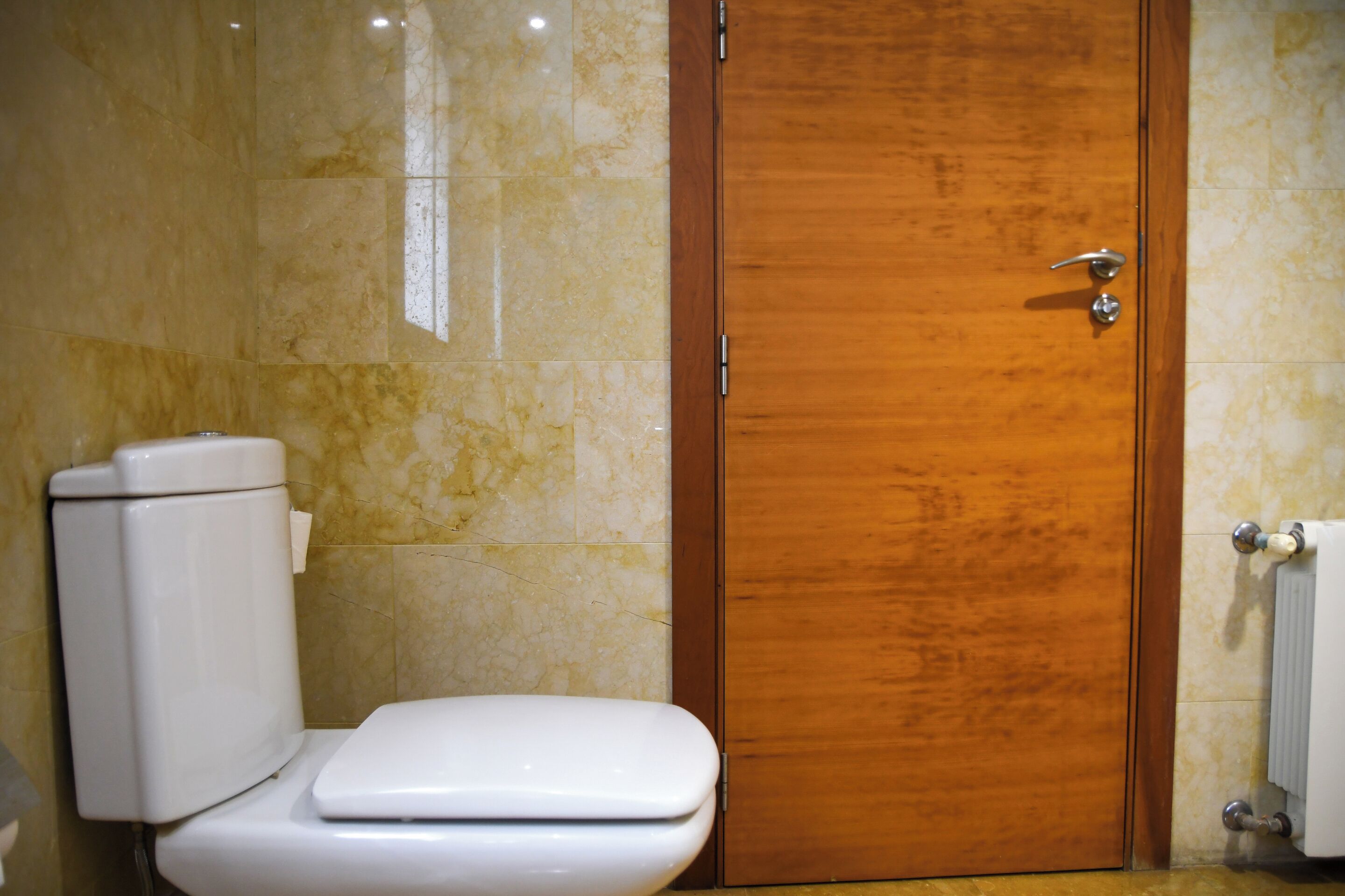 Ein Badezimmer mit Toilette, Holztür und Heizkörper.