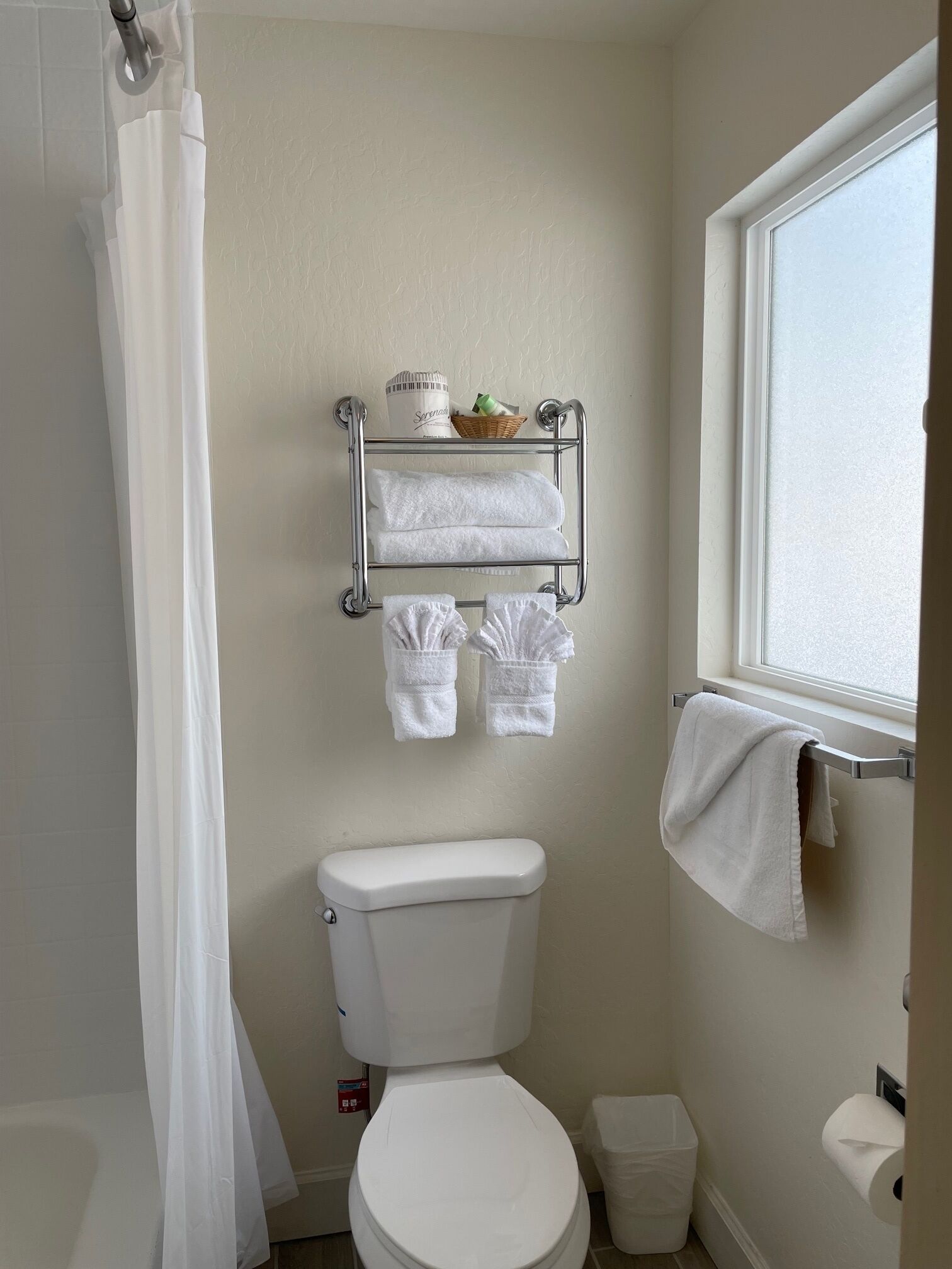 Een badkamer met toilet, een handdoekhouder, douchegordijn en een raam.