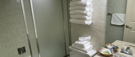Kylpyhuone, jossa on lasiseinällä varustettu suihku, wc ja pesuallas, jonka yhteydessä on hygieniatarvikkeita.
