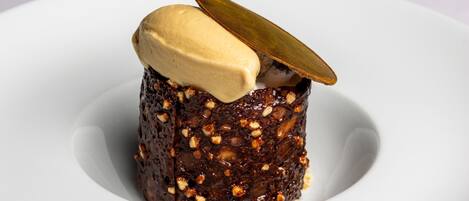 A dessert on a white plate.
