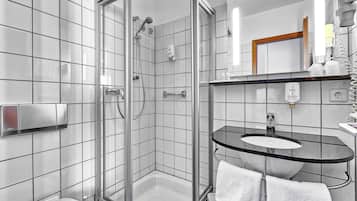 Shower, rainfall showerhead, eco-friendly toiletries, hair dryer