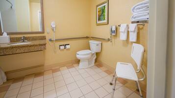 A bathroom with a toilet, a handrail, a sink, a mirror, a towel rack, and a wheelchair.
