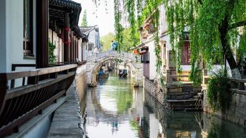 A traditional Chinese courtyard with a stone bridge, narrow waterway, and traditional buildings.