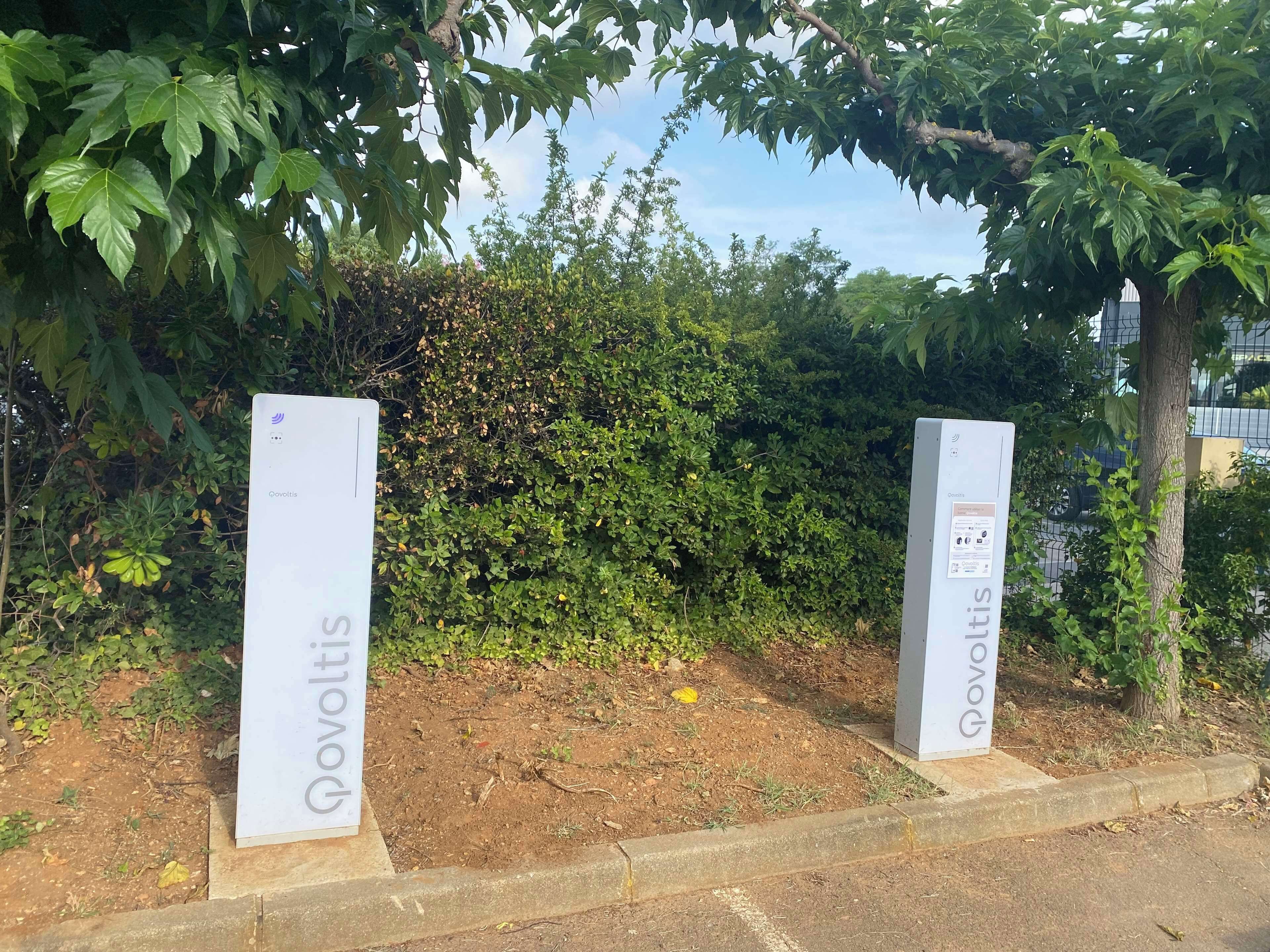 Dos señales blancas con el texto "Qovoltis" sobre una zona pavimentada con vegetación al fondo.