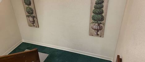 Un pasillo con alfombra verde, suelo de madera y dos adornos de pared de madera.
