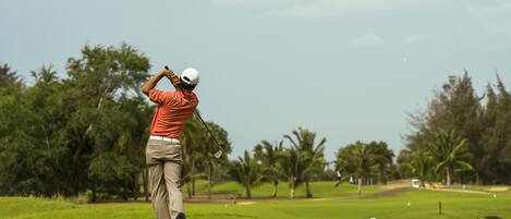 Un campo de golf con un jugador en pleno balanceo, palmeras y cielo despejado.