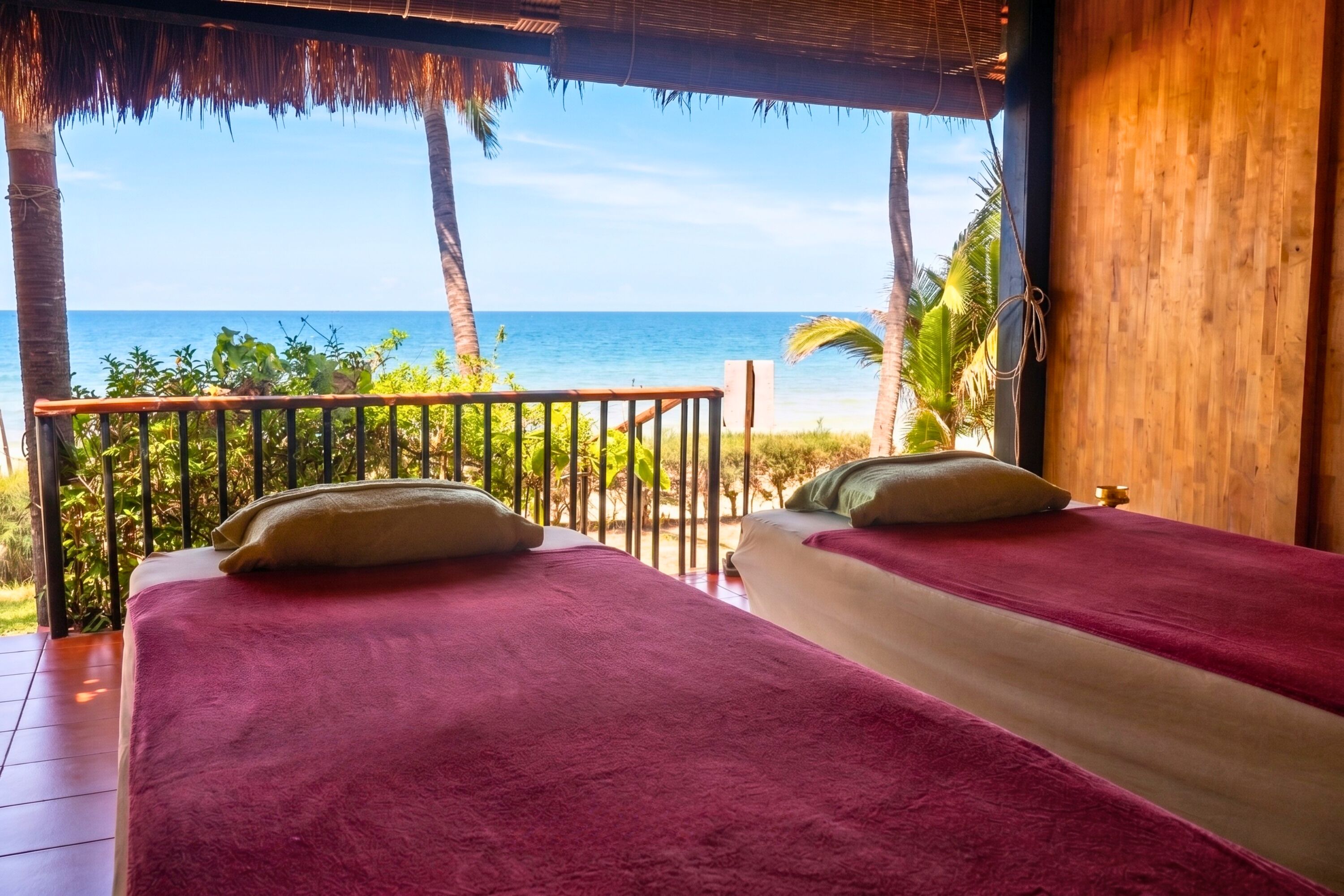 A room with two beds, a wooden ceiling, and a view of the ocean.