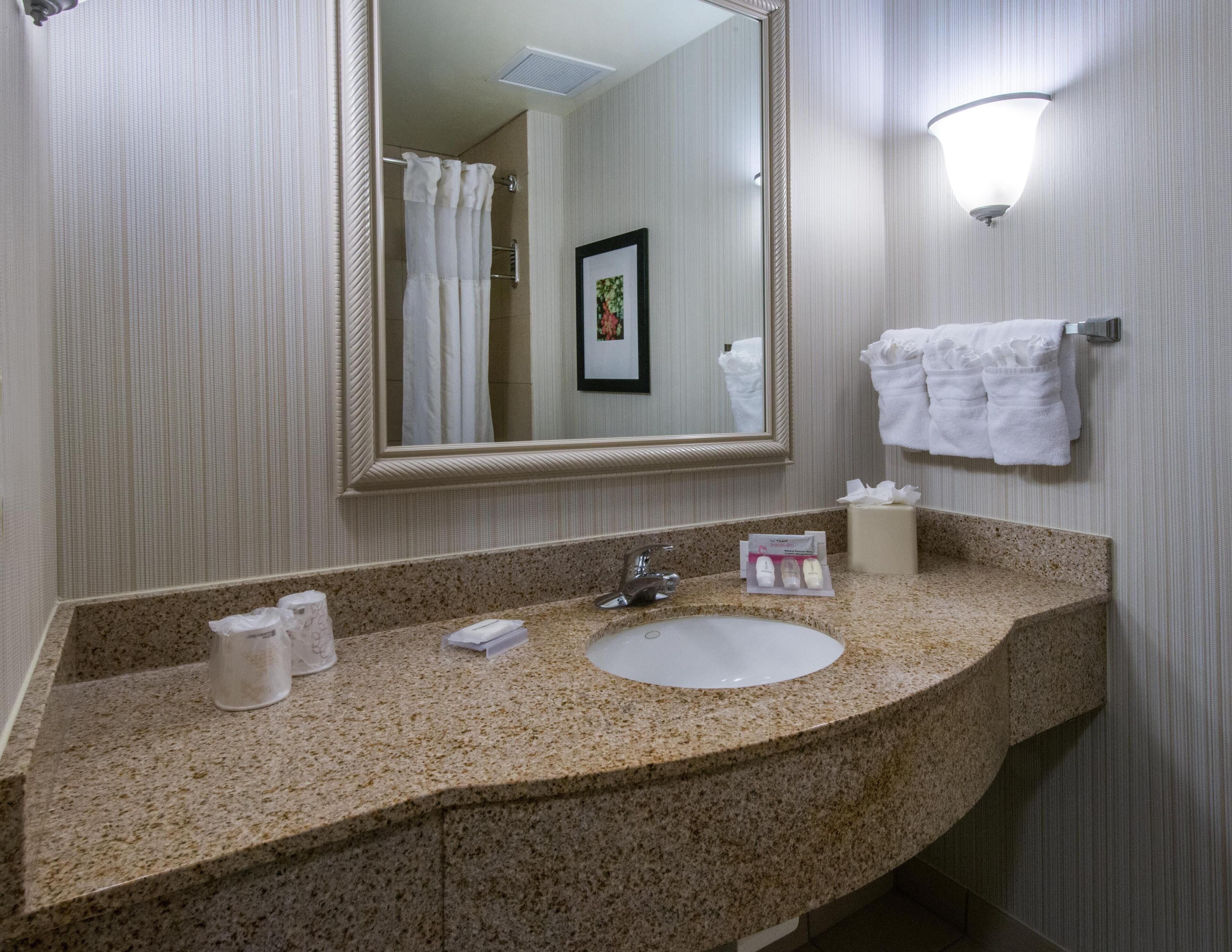 King Bedroom Evolution Suite | Bathroom | Combined shower/tub, designer toiletries, hair dryer, towels