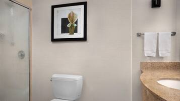 A bathroom with a toilet, a framed picture on the wall, and a towel rack with two towels.