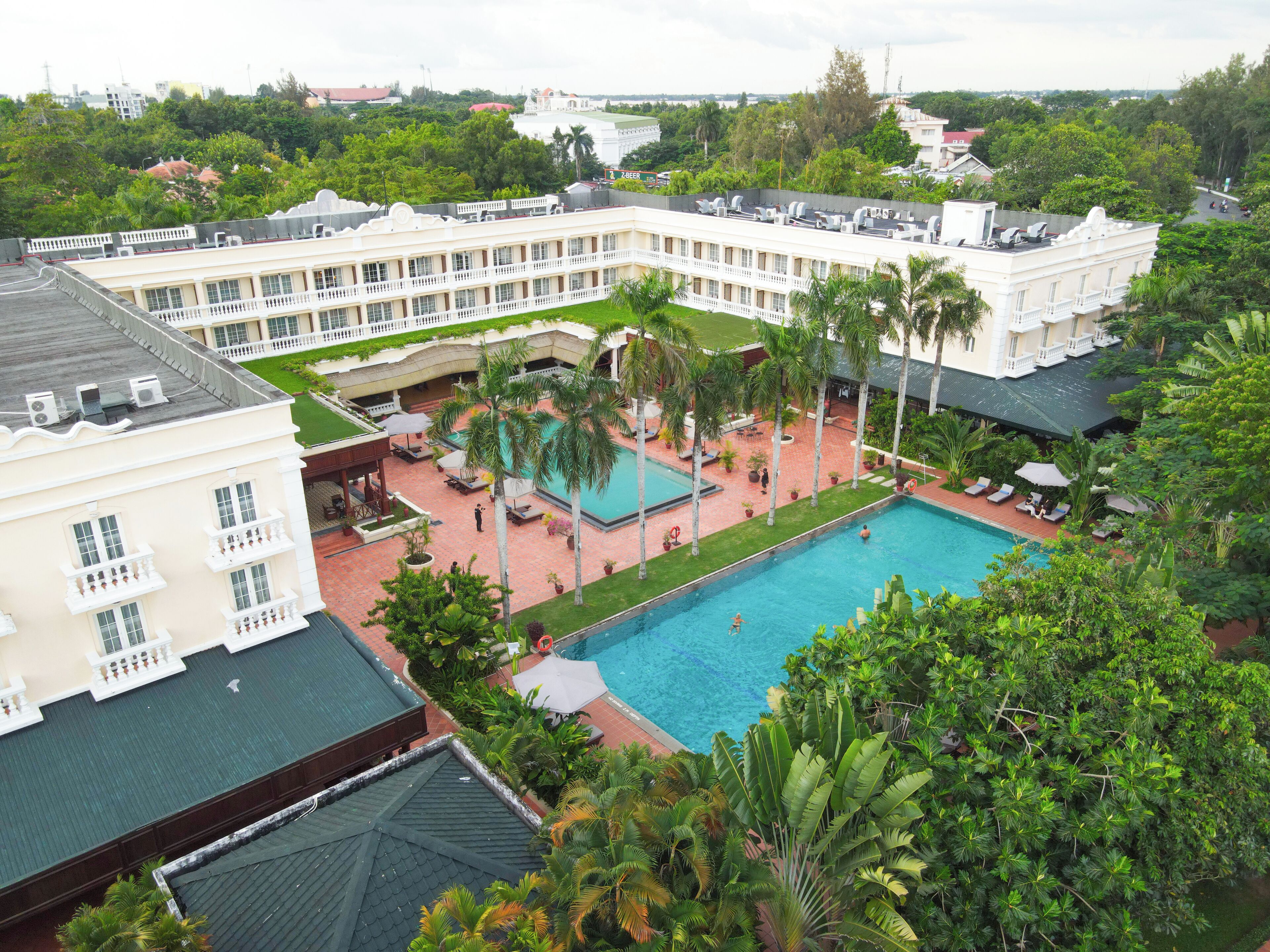 Outdoor pool, pool umbrellas, pool loungers