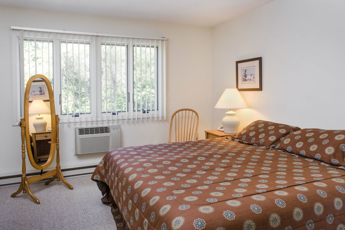 A bedroom with a bed, a chair, a dresser, a mirror, and a window with blinds.
