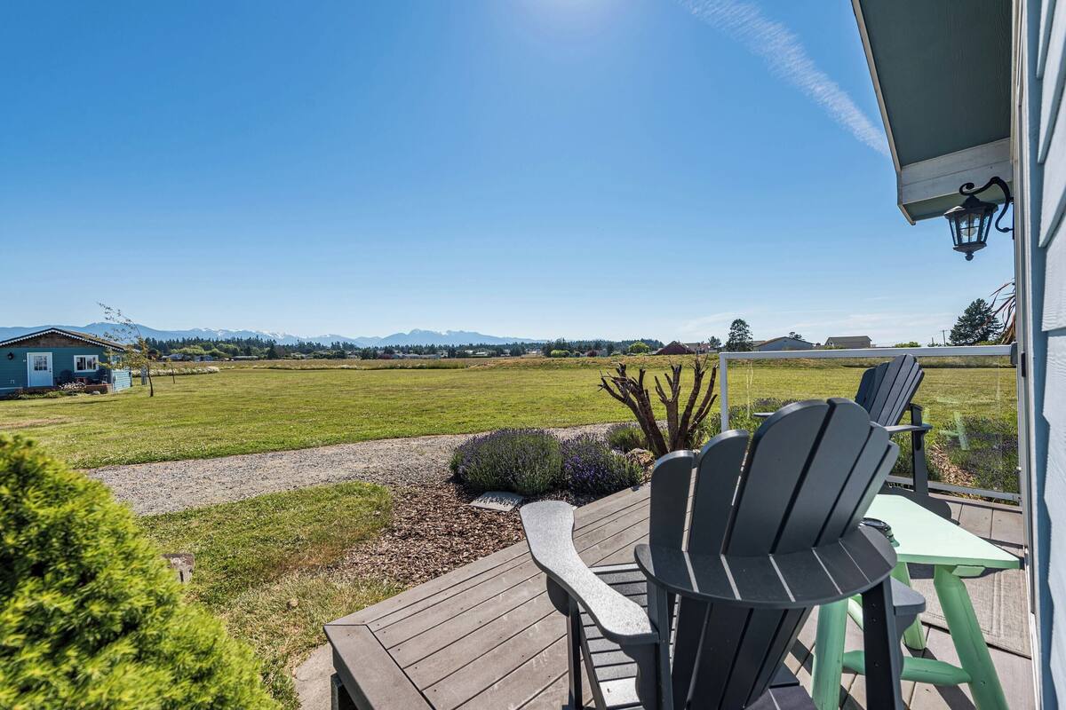 A deck with Adirondack chairs overlooking a grassy field and a mountain range.