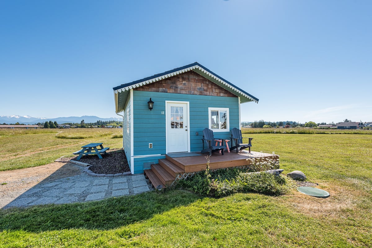 A small blue cabin with a porch, a picnic table, and two chairs.