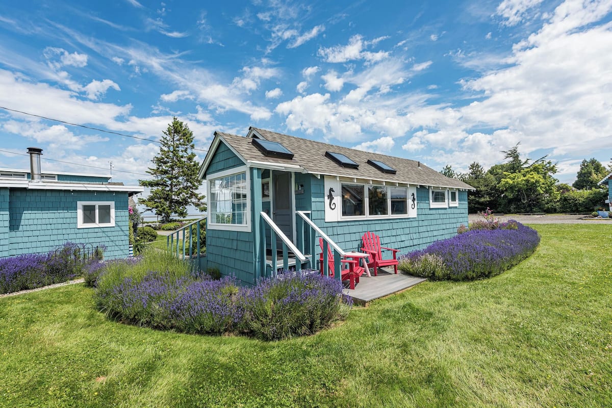 A two-story house with a blue exterior, a front porch with red Adirondack chairs, and a small garden with purple flowers.