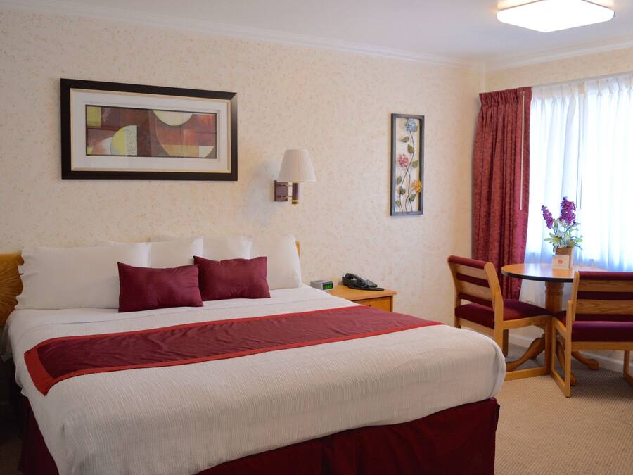 Une chambre d’hôtel comprenant un lit, une table de chevet, une lampe, un tableau encadré et un coin repas avec des chaises et une table.
