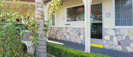 A building with a stone facade, a palm tree, and a hedge.