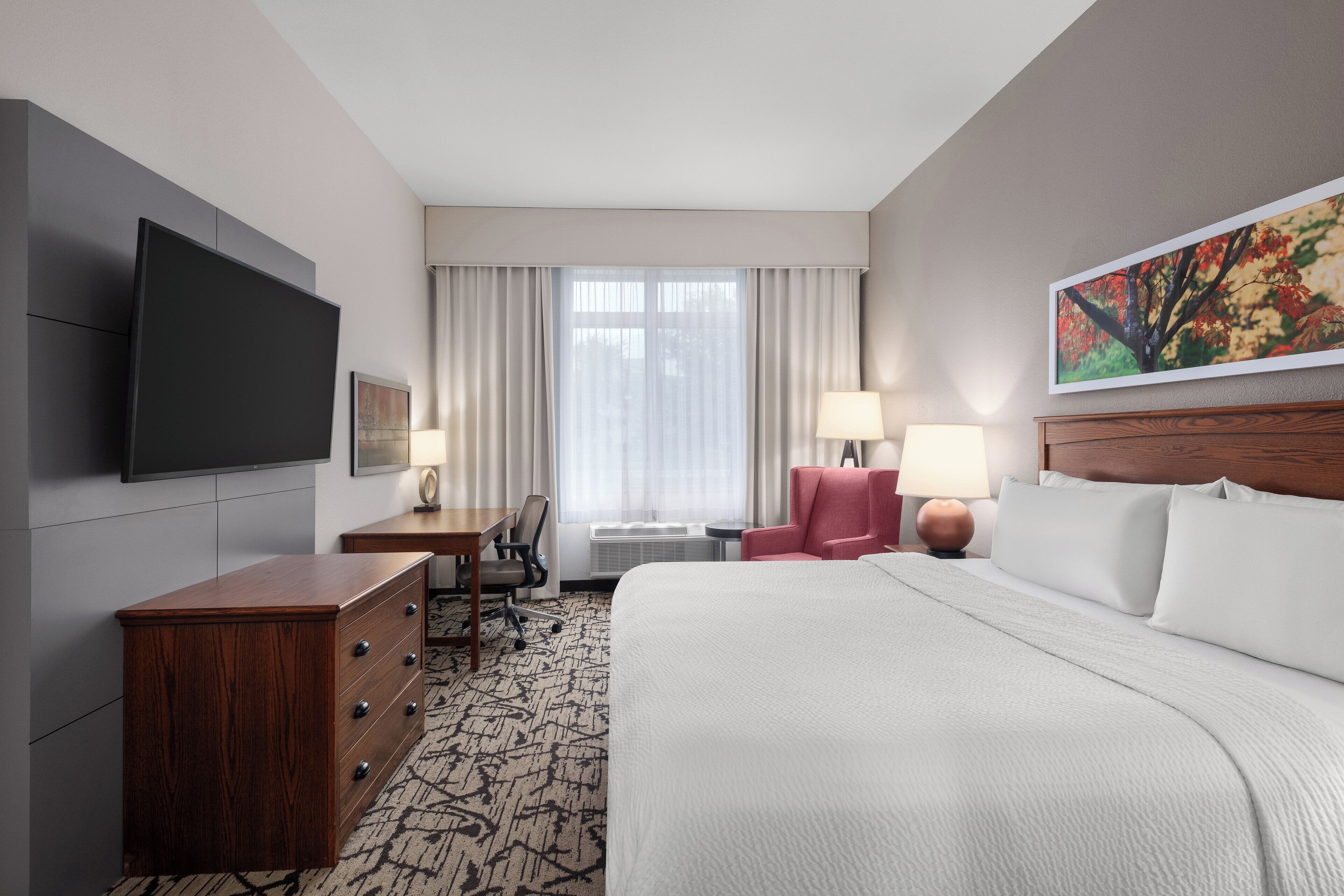 Desk, laptop workspace, blackout curtains, iron/ironing board