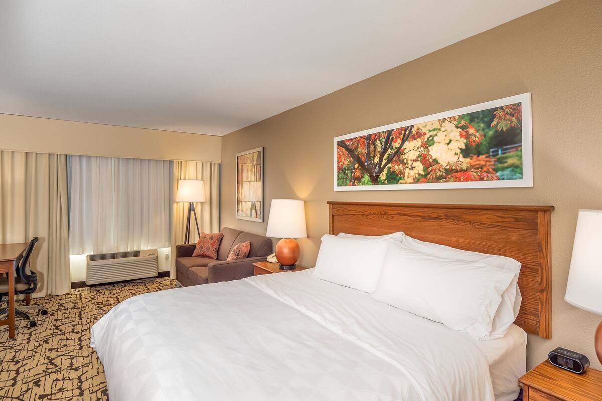 1 bedroom, desk, laptop workspace, blackout curtains