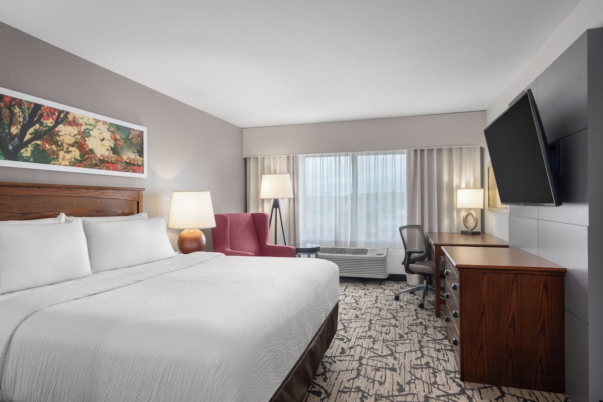 A hotel room with a large bed, a desk, a chair, a TV, and a painting on the wall.