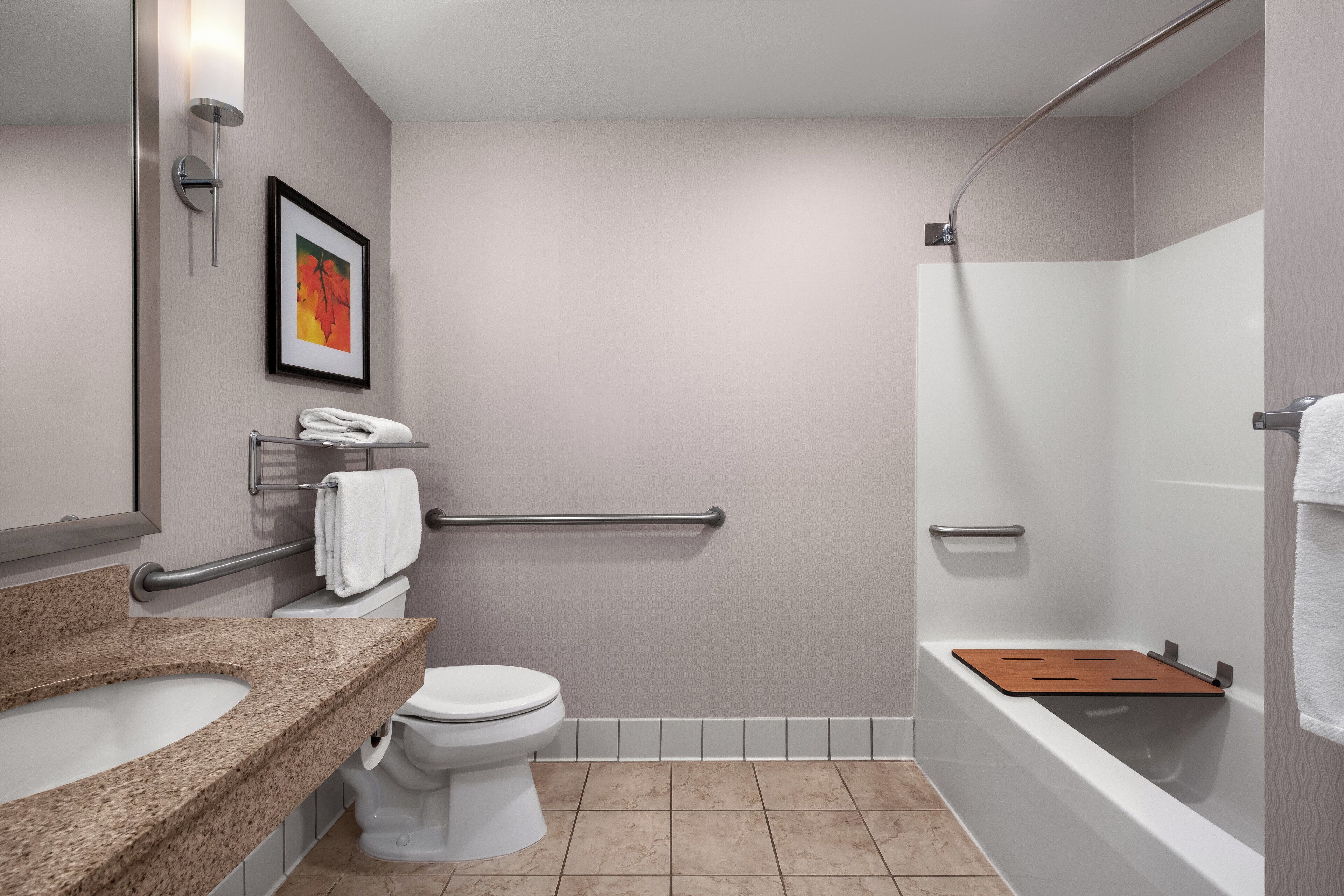A modern bathroom with a granite countertop sink, a white toilet, a framed picture on the wall, and a shower area with a wooden shelf.