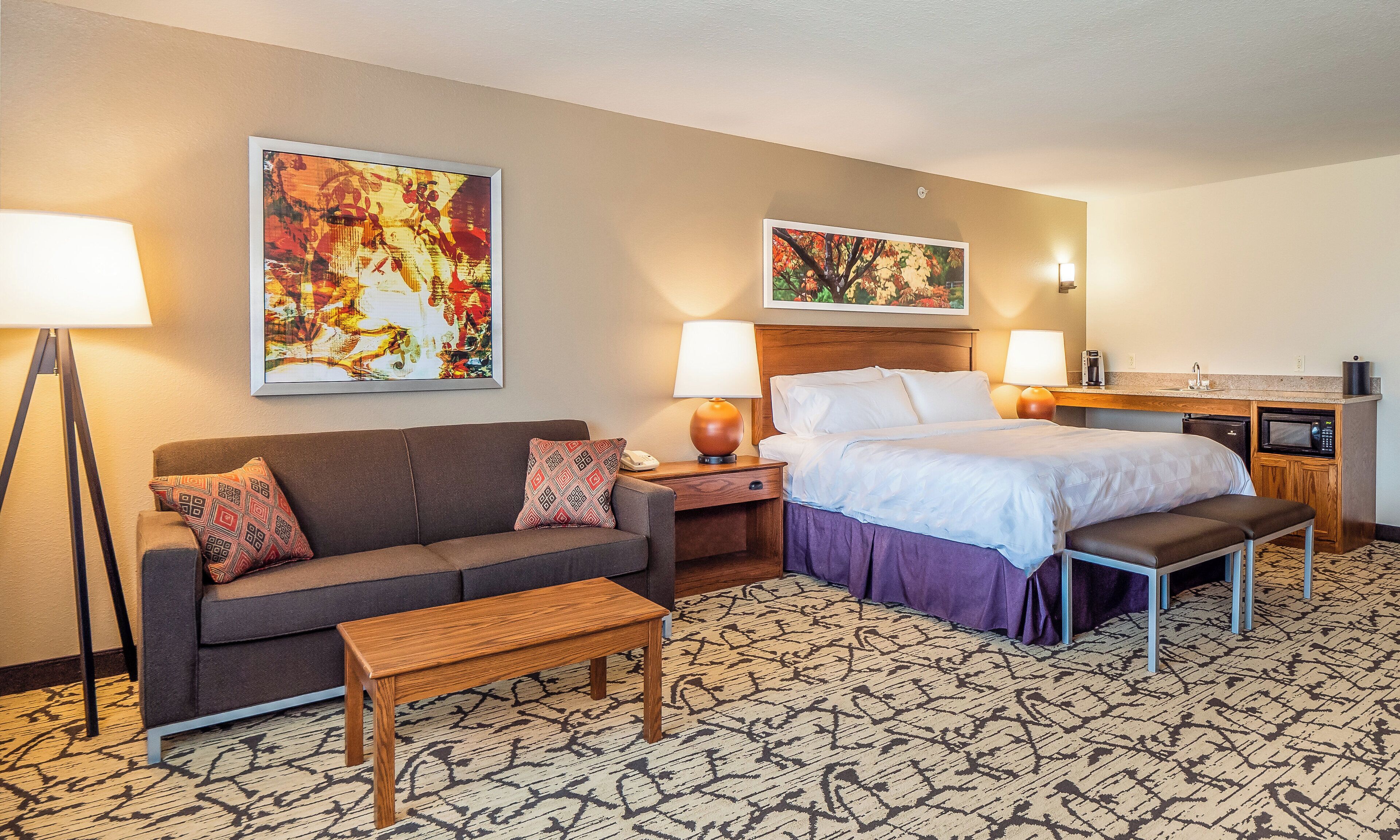 Desk, laptop workspace, blackout drapes, iron/ironing board