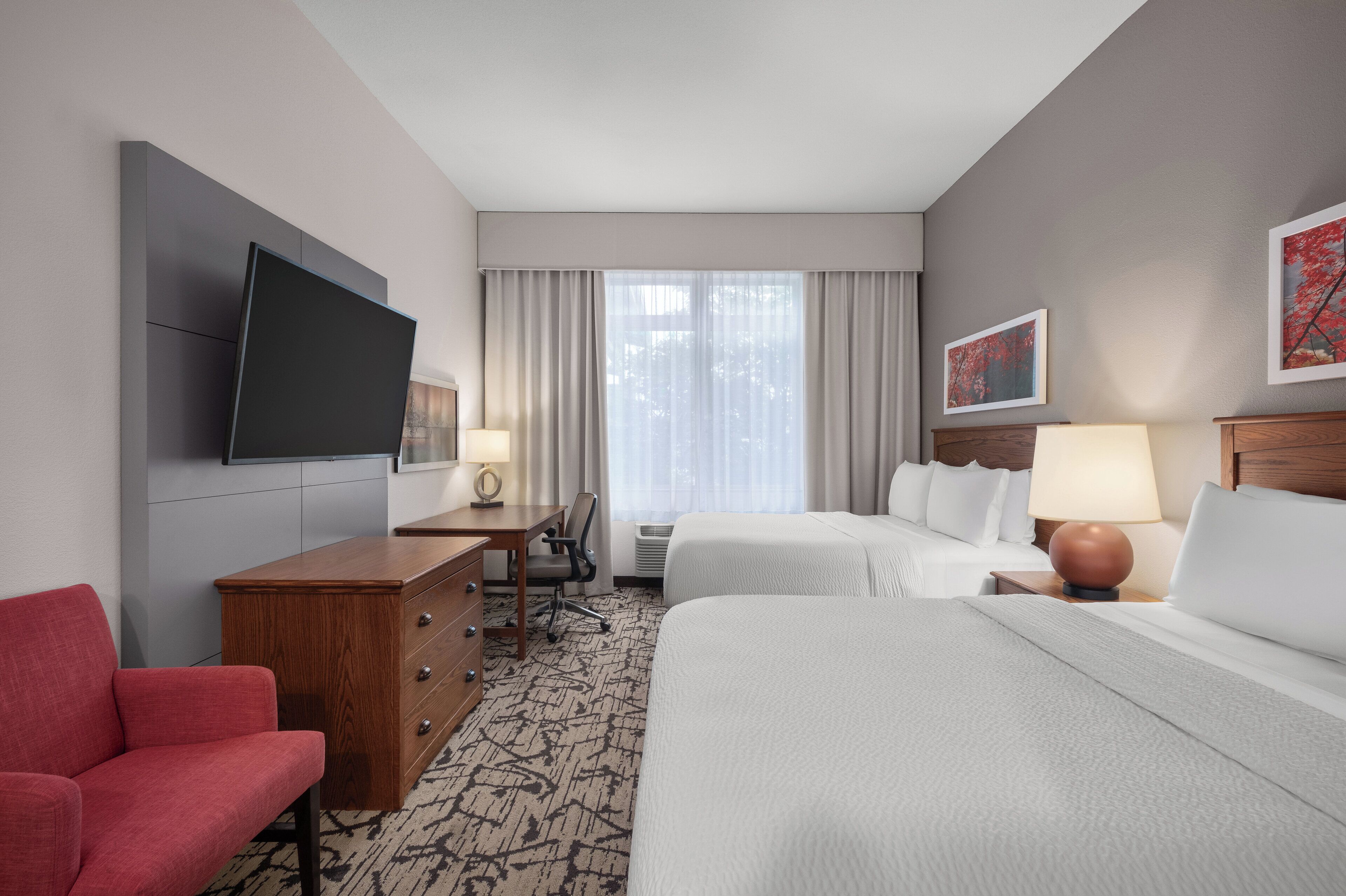 Desk, laptop workspace, blackout curtains, iron/ironing board