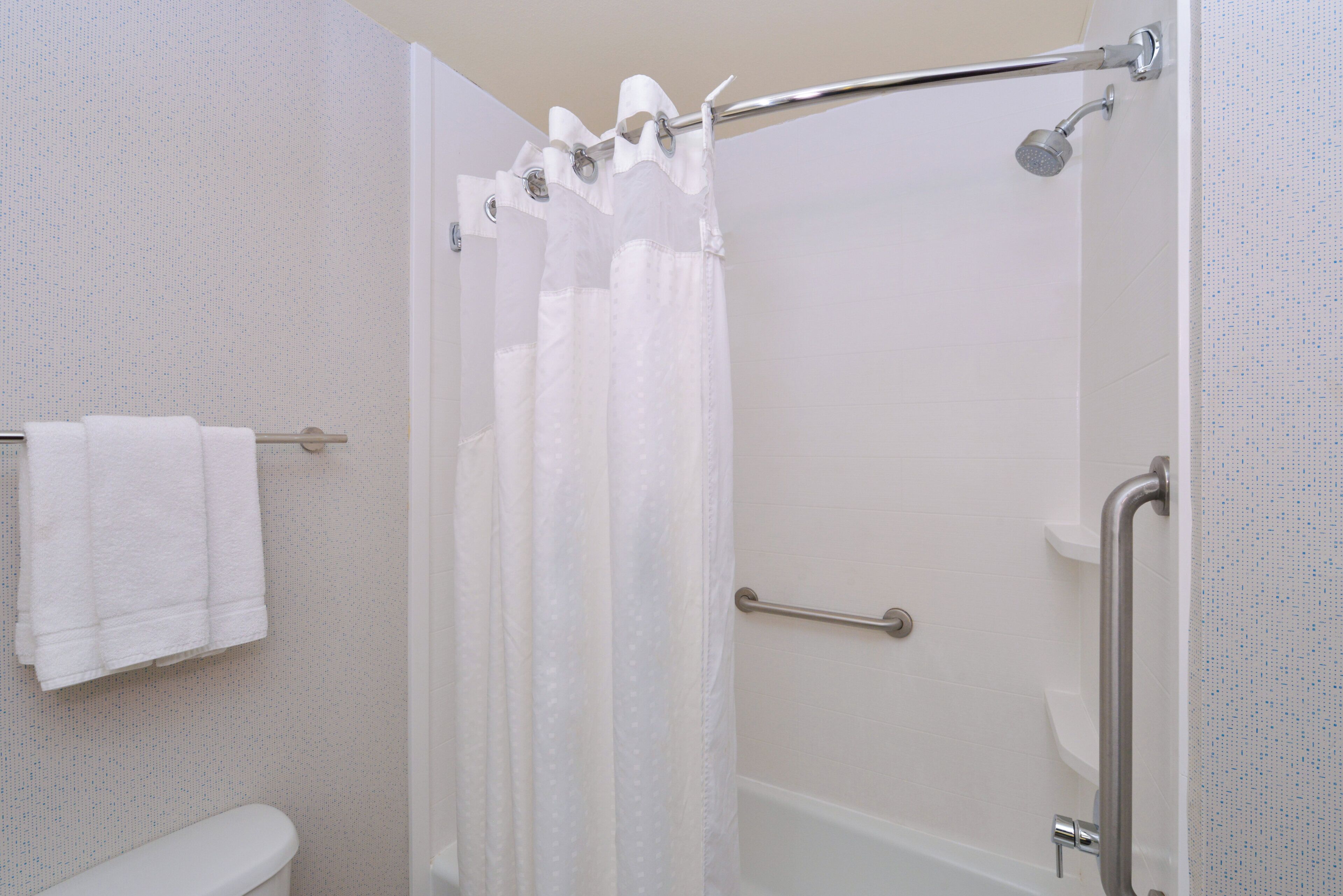 Une salle de bain avec douche, toilettes et porte-serviettes.