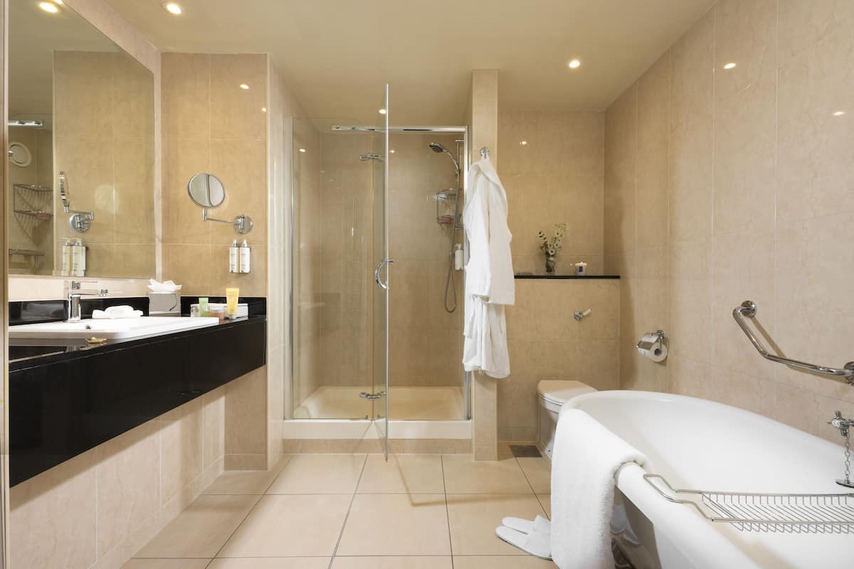separate bathtub and shower, free toiletries, hair dryer, bathrobes