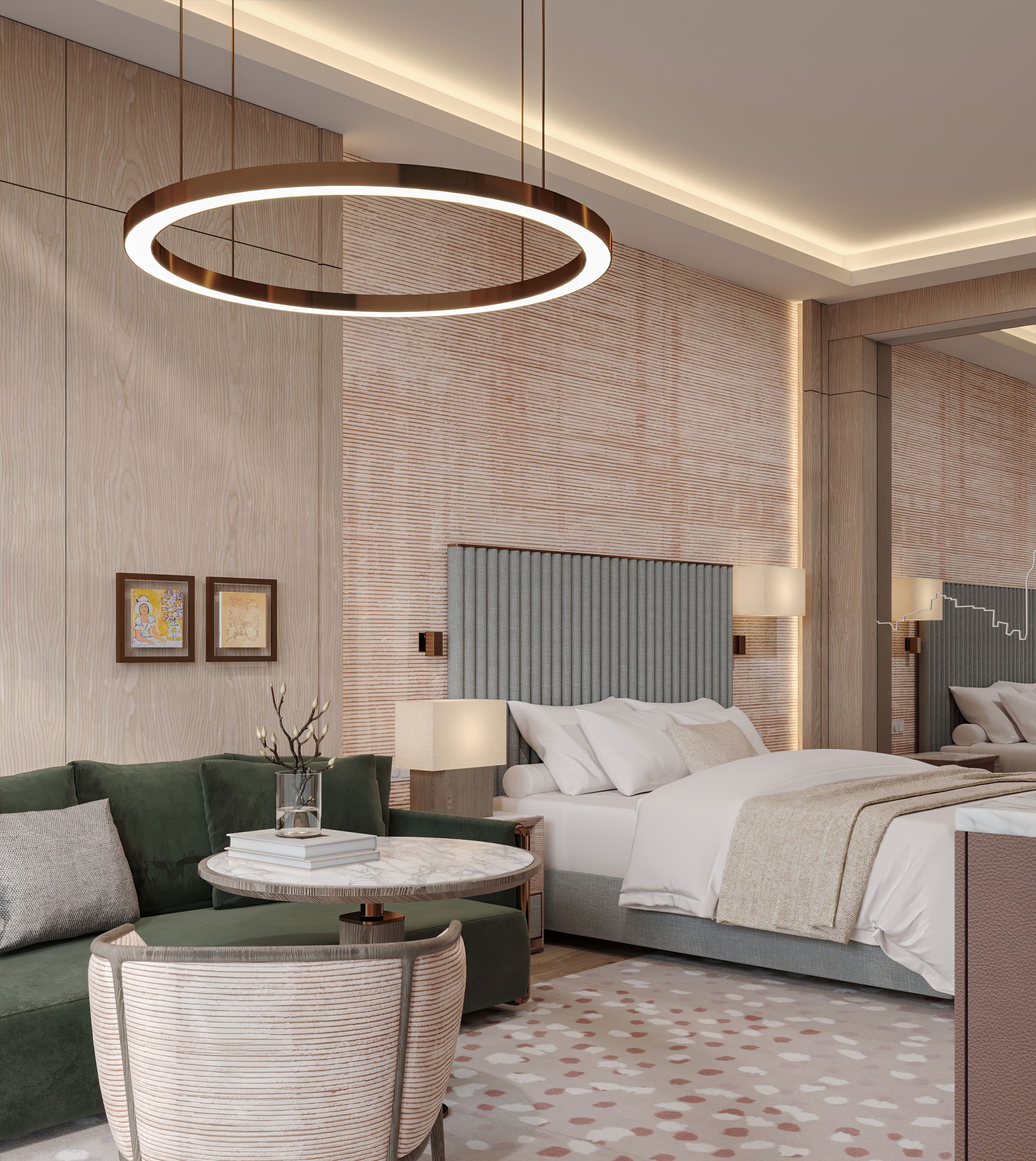 Una habitación de hotel moderna con una cama grande, un sofá verde, una mesa de centro redonda y un espejo amplio.
